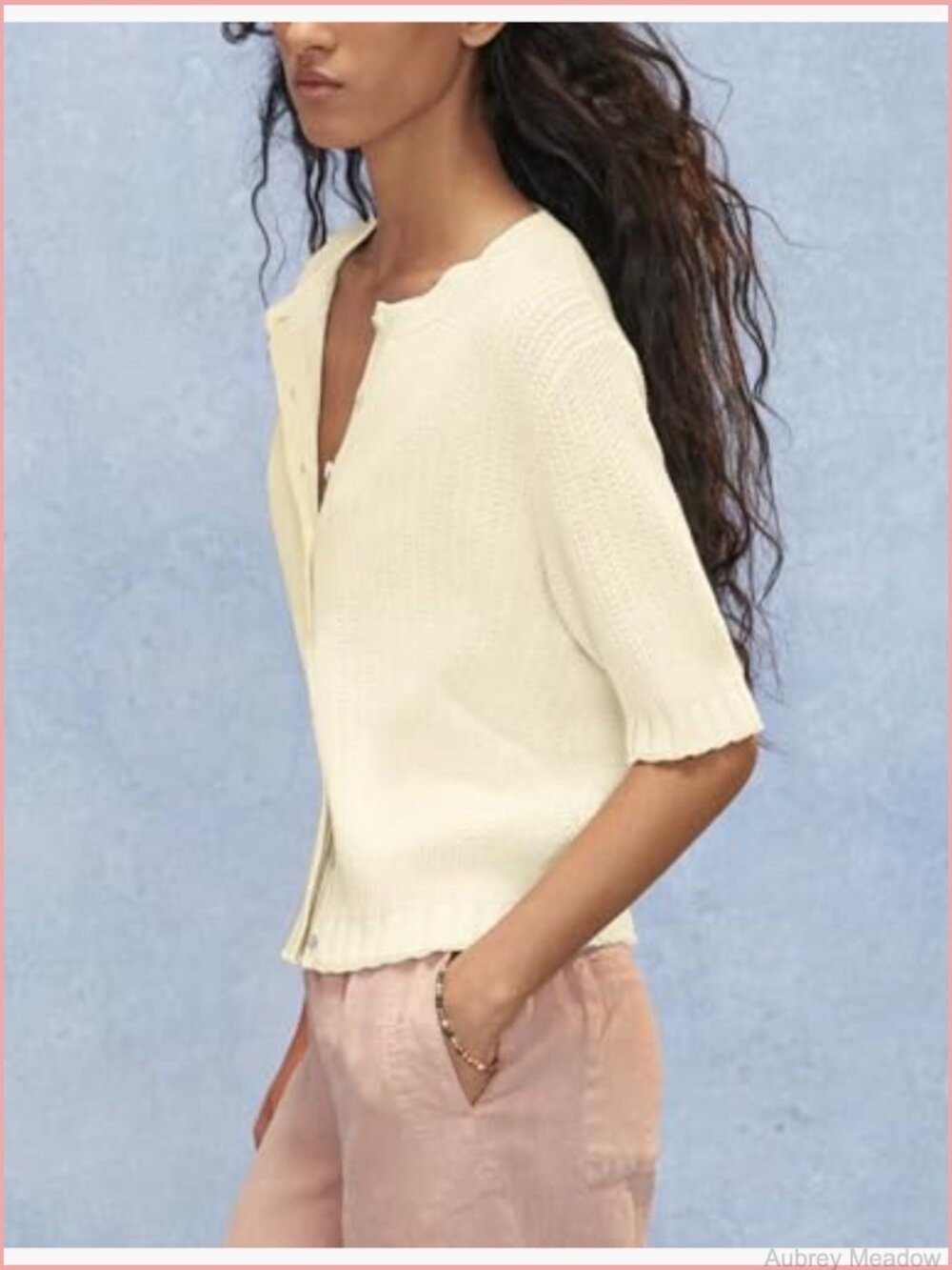 Knit Cardigan Half Sleeve Open Front Button Down Round Neck Lightweight Ribbed - Picture 2 of 7